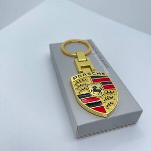 NWT Porsche two-sided crest metal Keychain GOLD 3D NEW with box